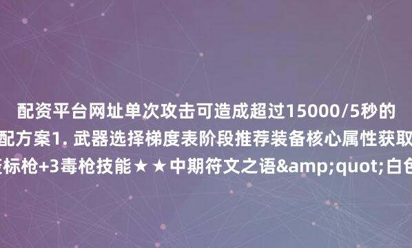 配资平台网址单次攻击可造成超过15000/5秒的持续伤害二、深度装备搭配方案1. 武器选择梯度表阶段推荐装备核心属性获取难度开荒绿色瘟疫标枪+3毒枪技能★★中期符文之语&quot;白色&quot;+3毒骨系技能★★★毕业死亡之网（Unique）-50%毒抗★★★★★2. 完整装备配置头盔：2孔/30全抗亮金头环（镶嵌毒珠）护甲：谜团（战略传送）或蛇魔法师之皮（抗性补足）手套：塔格奥